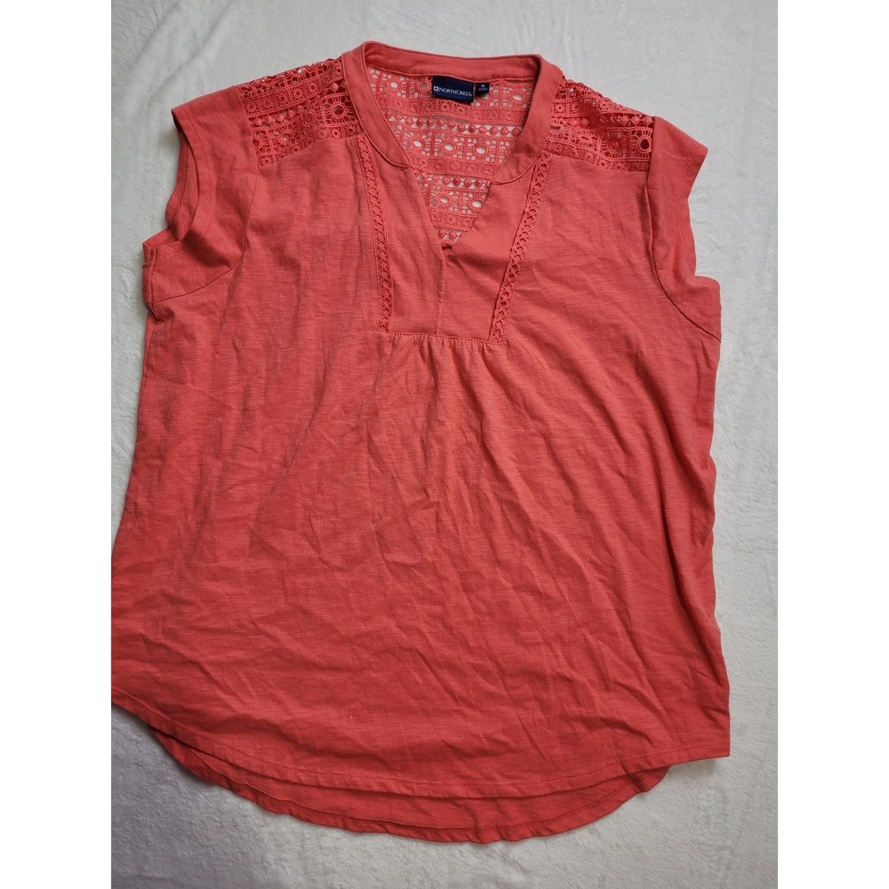 Northcrest Top Women M Coral Crochet Lace Split Neck Sleeveless Blouse